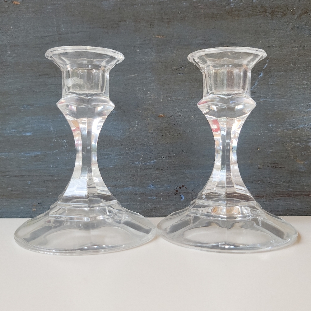 Set of 2 Candlestick Candle Holder Clear Crystal Glass Vintage